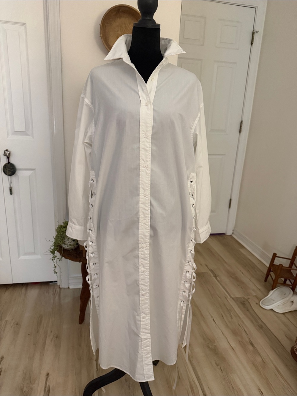 SHEIN White Lace-Up Side Midi Shirt Dress
